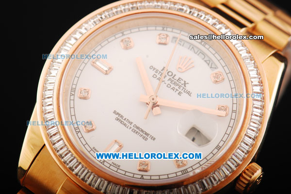 Rolex Day Date II Oyster Perpetual Swiss ETA 2836 Automatic Movement Full Rose Gold with Diamond Bezel - Diamond Markers and White Dial - Click Image to Close